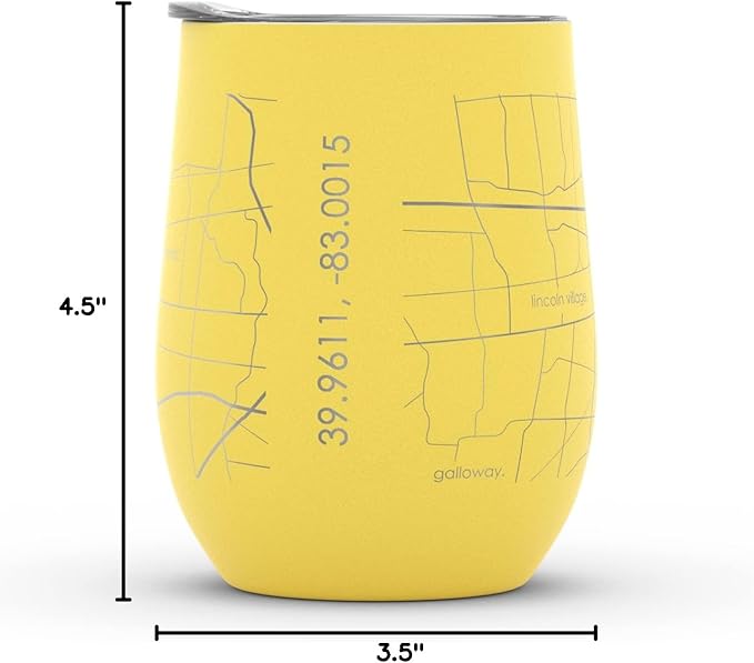 Well Told Engraved Columbus Ohio Map Insulated Wine Tumbler, Etched Stainless Steel Cup (12 oz, Sunrise Yellow) City Map Insulated Tumbler, Custom Insulated Tumbler, Outdoor Drinkware