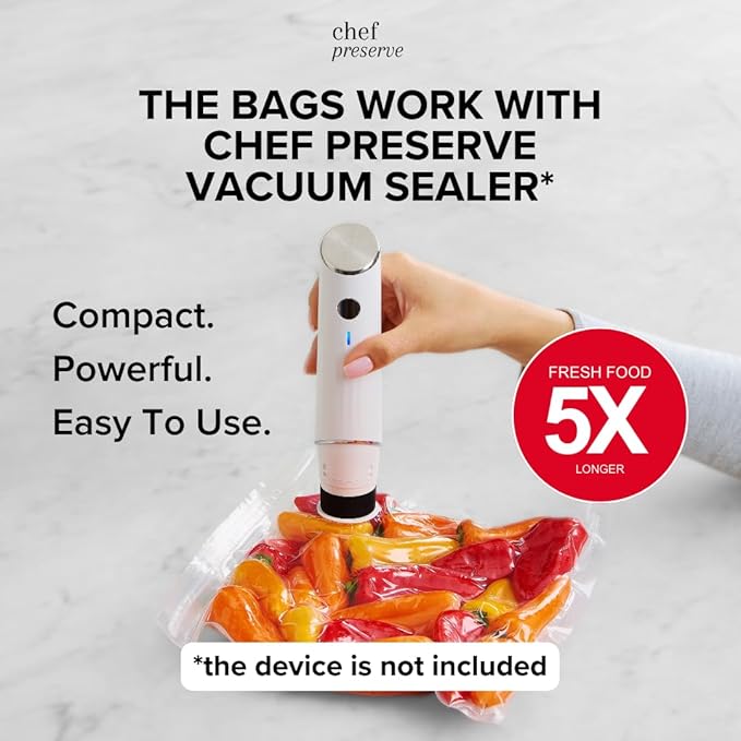 Chef Preserve Reusable Vacuum Sealer Bags for Food – 30 BPA-Free Food Storage Bags, Freezer, Microwave – Odor-Resistant, Leak-Proof – Compatible with Chef Preserve Vacuum Sealers