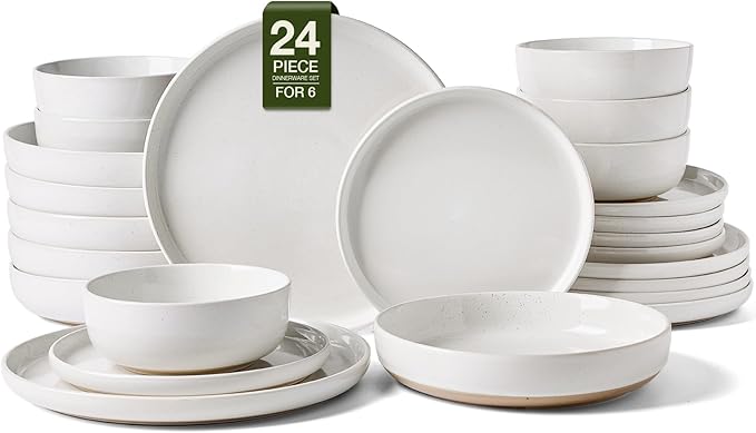 Famiware Milkyway Stoneware Dinnerware Sets with Pasta Bowls, Service for 6 (24 Pieces), Plates and Bowls Sets -Scratch Resistant, Microwave and Dishwasher Safe Dishes Set, White
