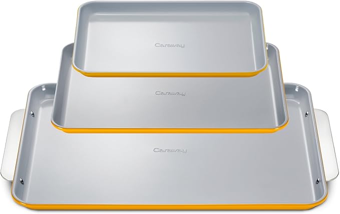 Caraway Non-Stick Ceramic Baking Sheet Trio - Naturally Slick Ceramic Coating - Non-Toxic, PTFE & PFOA Free - 18 x 13" Large, 15 x 10" Medium, & 9" x 13" Small - Marigold