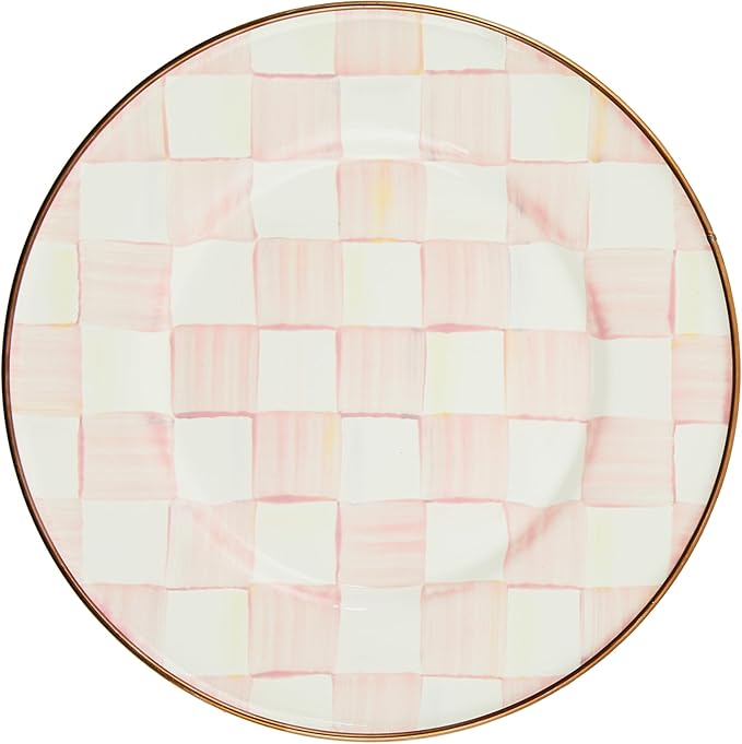 MACKENZIE-CHILDS Enamel Salad and Dessert Plate, Small Plate for Appetizers or Desserts, 8 Inches, Pink-and-White Rosy Check