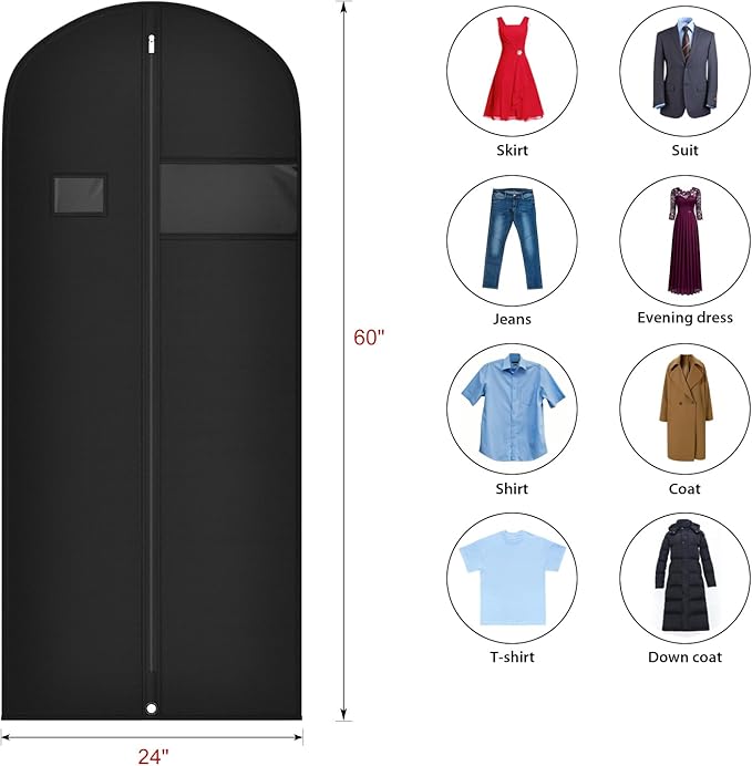 Univivi 5 Pack Garment Bags for Hanging Clothes, 60 Inch Dress Cover with Clear Window and ID Card Holder, Breathable Full Zipper Dust Cover for Dresses, Coats, Jackets