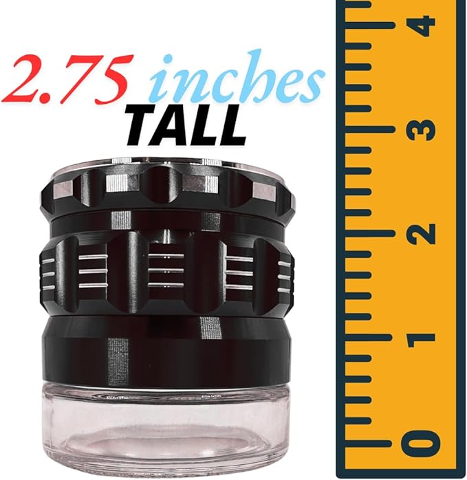 Spice Grinder. 2.5 inch herb grinder with jar attached. Jar offers a larger storage capacity. Aluminum alloy top and teeth with glass bottom.