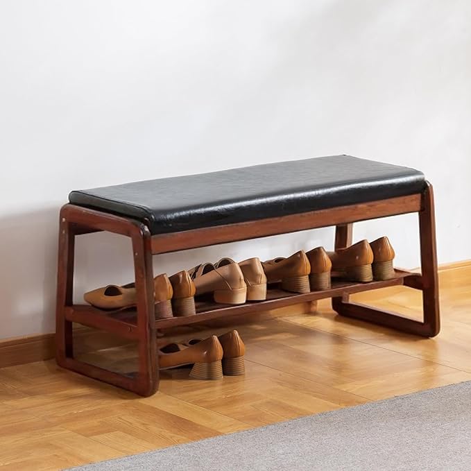 latifolia Solid Wood Bench, Entryway Shoe Bench with Cushion, 2 Tier Shoe Storage Organizer for Hallway, Living Room(Black,31.50''L)