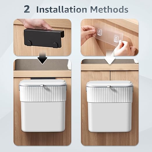Hanging Trash Can with Lid, 2.3 Gallon Kitchen Garbage Bin Food Waste Container Convenient Durable Over Cabinet Door RV Counter Camping Cupboard Under Sink Compost Bathroom Wall Mounted