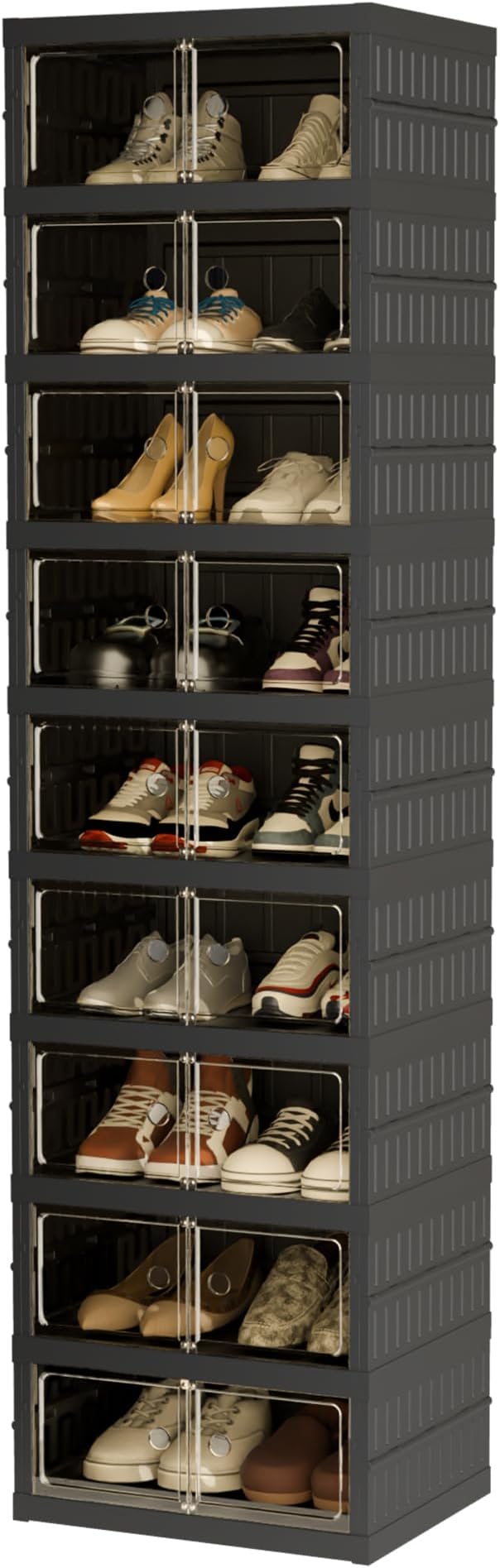 Foldable Shoe Organizer Storage Box, Portable Extra Large Folding Shoe Rack for Closet, Shoe Storage Box with Magnetic Transparent Door and Wheels, 9 Layers 18 Grids