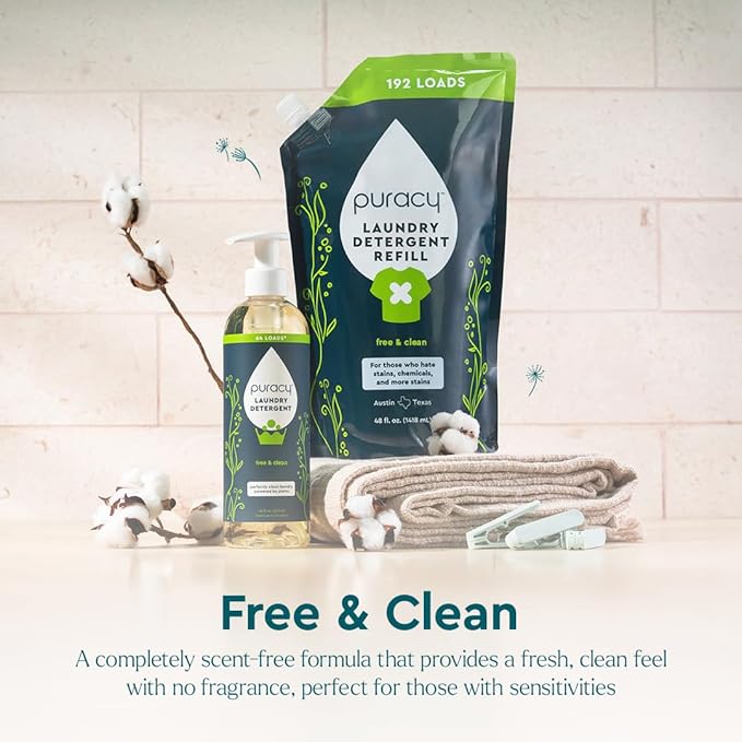 Puracy Laundry Detergent Refill - Enzyme-Powered Liquid Detergent Concentrate, Natural Laundry Detergent Seen on TikTok, Non-Toxic (Free & Clear, 48 fl oz, 192 Loads)