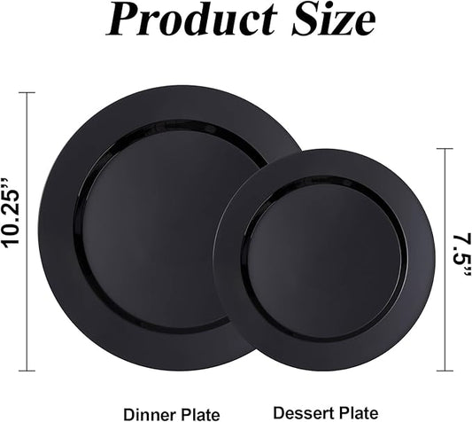 BESTSTAR 200PCS Black Plastic Plates Set, 100 10.25 inch Dinner Plates and 100 7.5 inch Dessert Plates, Premium Disposable Plates for Party, Wedding,Halloween
