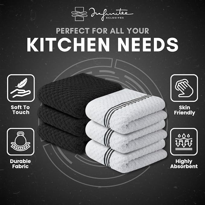 Infinitee Xclusives 100% Cotton Kitchen Towels - 15x25 Inch Ultra Soft Tea Towel, Super Absorbent Terry Dish Towels for Kitchen Linens |Storm Black|