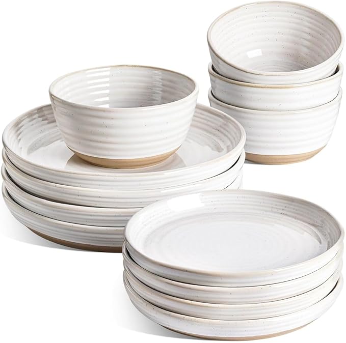 LE TAUCI Dinnerware Sets 12 PCS, Ceramic Plates and Bowls Set, For Housewarming (28 oz Cereal Bowl+ 8" Salad Dish+10" Dinner Plate) x 4, Oven safe, Arctic White