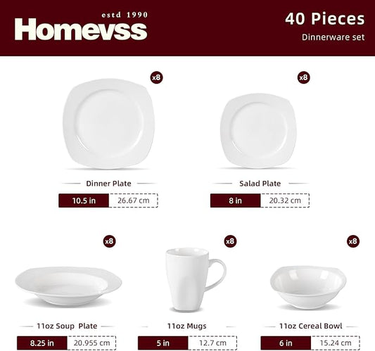 HomeVss, New Bone China Dinnerware Set, Coupe Square Shape, 40pc Set
