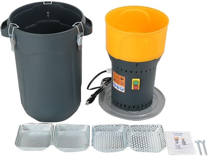 25L Electric Grain Mill, Corn Grinder, Home Farm Wheat Mill, Dry Cereal Grinder With Detachable 6.6 Gal Bucket & Hopper, 5 Sieves + 2 Wrenches
