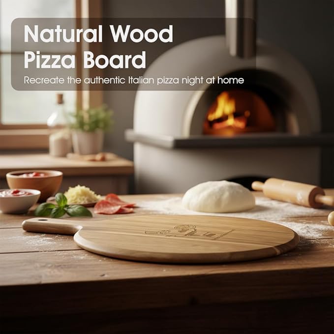 Acacia Wood Charcuterie & Pizza Board Set with Pizza Cutter β Premium Multi-Purpose Pizza Serving Board for Cheese, Bread, Fries, Appetizers β Rustic Cutting Board for Entertaining & Gift Giving