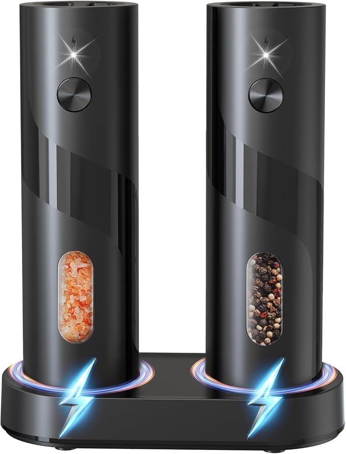 Electric Salt and Pepper Grinder Set with Charging Base,Matte Automatic Pepper Grinder Set Top-Refill, Flexible Coarsenes, 110ml Larger Capacity with LED Light for Home Kitchen (2 pack)