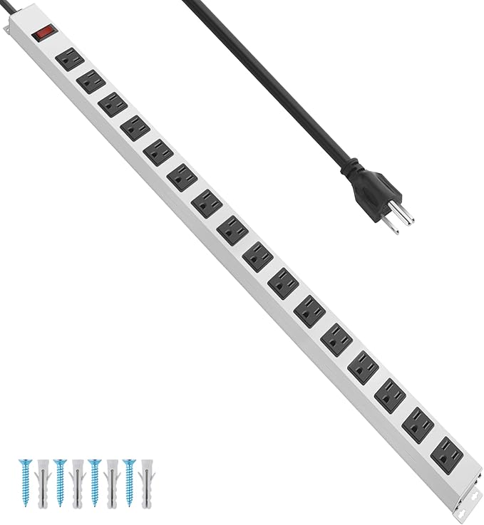 JUNNUJ Metal 16 Outlet Power Strip, Mountable Heavy Duty Power Strip, 1200J Surge Protector Wall Mount Screws Outlet with Switch, Gaming Desk Strips Wide Spaced 15A 125V 1875W, 6 FT 14AWG Power Cord