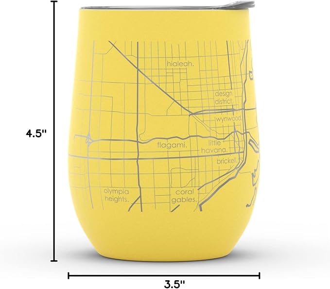 Well Told Engraved Miami Florida Map Insulated Wine Tumbler, Etched Stainless Steel Cup (12 oz, Sunrise Yellow) City Map Insulated Tumbler, Custom Insulated Tumbler, Outdoor Drinkware