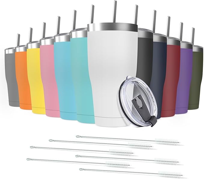 12 Pack 30oz Stainless Steel Tumblers Bulk Reusable Travel Mugs with Lid, Double Wall Powder Coated Coffe Cup for Home, Office, Outdoor Suitable for Vehicle Cup Holders