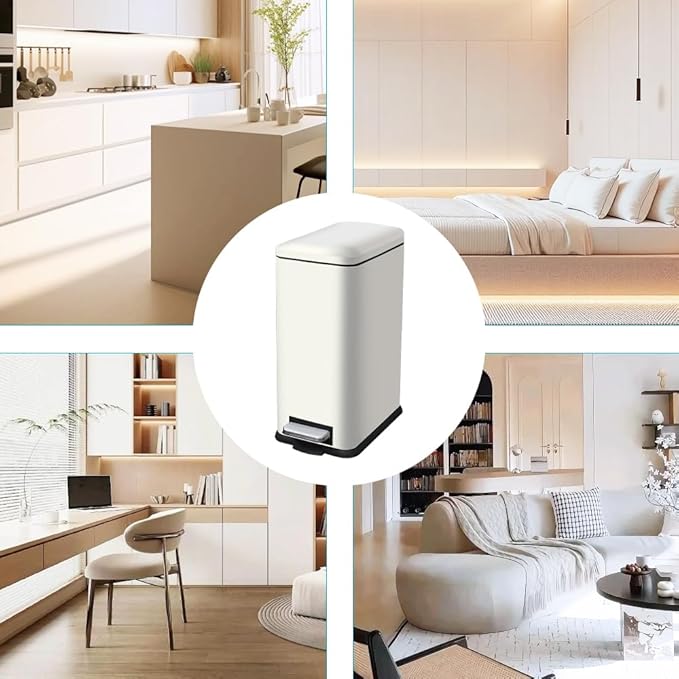 Bathroom Trash Can with Lid, 16.7L/ 4.4 Gallon Trash Can with Removable Inner Bucket, Soft Close lid, Stainless Steel Step Pedal Garbage Can for Bathroom, Kitchen, Home Office, White