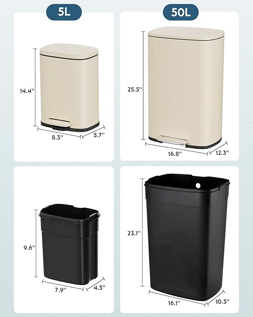 Arlopu 13.2+1.3 Gallon Step Trash Can, Stainless Steel Garbage Bin, Soft-Close Rubbish Bin with Removable Plastic Inner Bucket, Fingerprint-Proof, Lid Dustbin, for Kitchen Home (Beige)