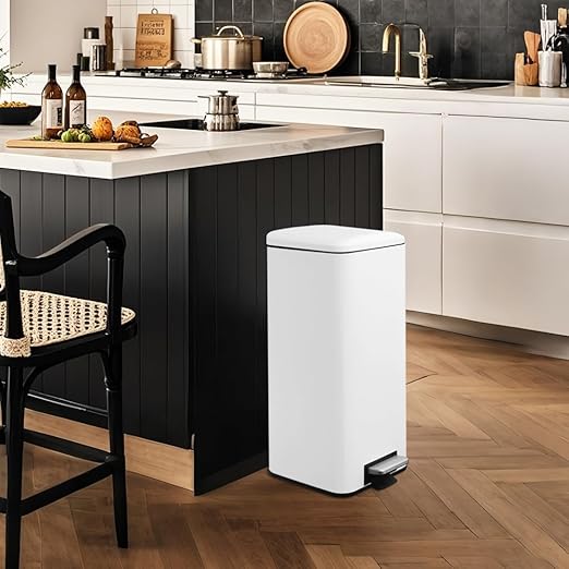 8-Gallon Trash Can, 30 Liter Stainless Steel Garbage Can, Round Trash Can with Lid, Slim Garbage can Featuring a Removable Inner Liner (White, 30L-Square)