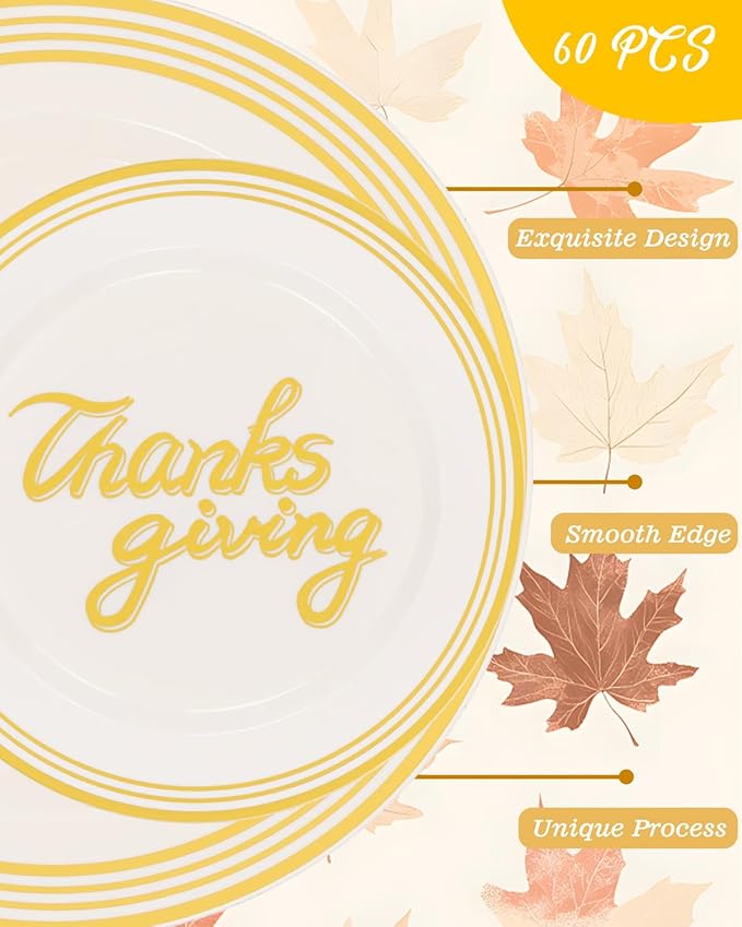 Supernal 60pcsThanksgiving Plastic Plates Disposable Heavy duty,Fancy Disposable Plates,Ivory Plastic Plates with Gold Trim Include 30 Dessert&Dinner Plato for Fall,Party and thanksgiving dinner