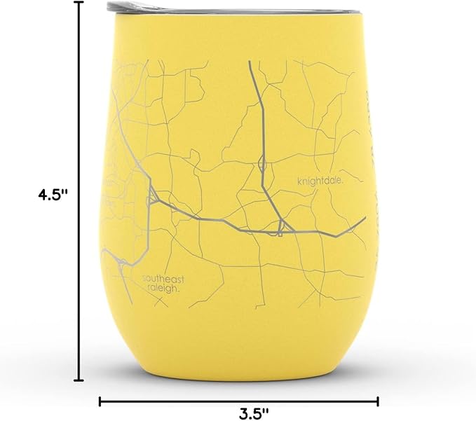 Well Told Engraved Raleigh North Carolina Map Insulated Wine Tumbler, Etched Stainless Steel Cup (12 oz, Sunrise Yellow) City Map Insulated Tumbler, Custom Insulated Tumbler, Outdoor Drinkware