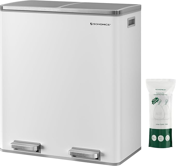 SONGMICS Trash Can, 2 x 8 Gallon (2 x 30 L) Garbage Can for Kitchen, with 15 Trash Bags, 2 Compartments, Plastic Inner Buckets and Hinged Lids, Airtight, White and Gray ULTB60WT