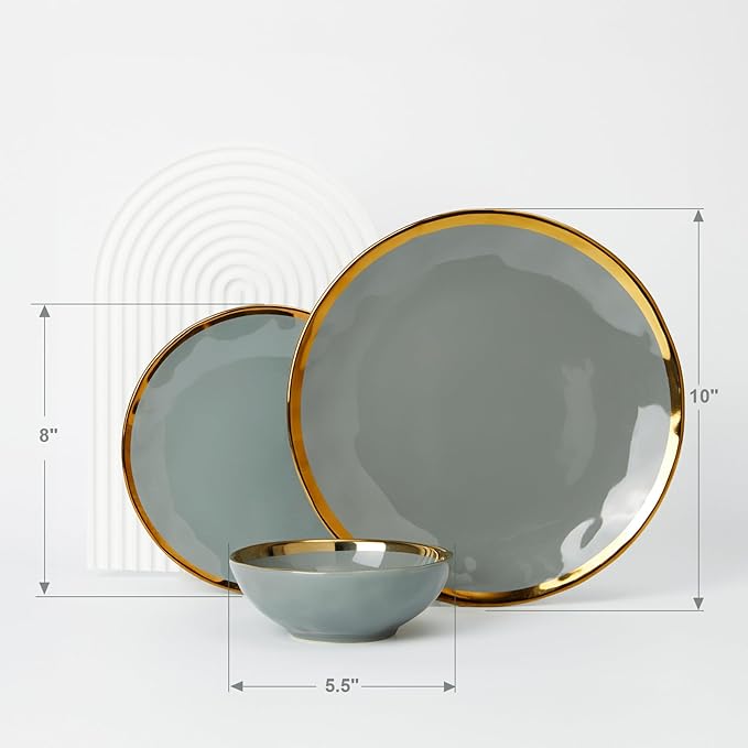 Porcelain Luxury Dinnerware Sets, Modern Plates and Bowls Sets for 4, Highly Chip and Crack Resistant, Grey and Gold Rim China Dishes Set for Wedding Anniversary