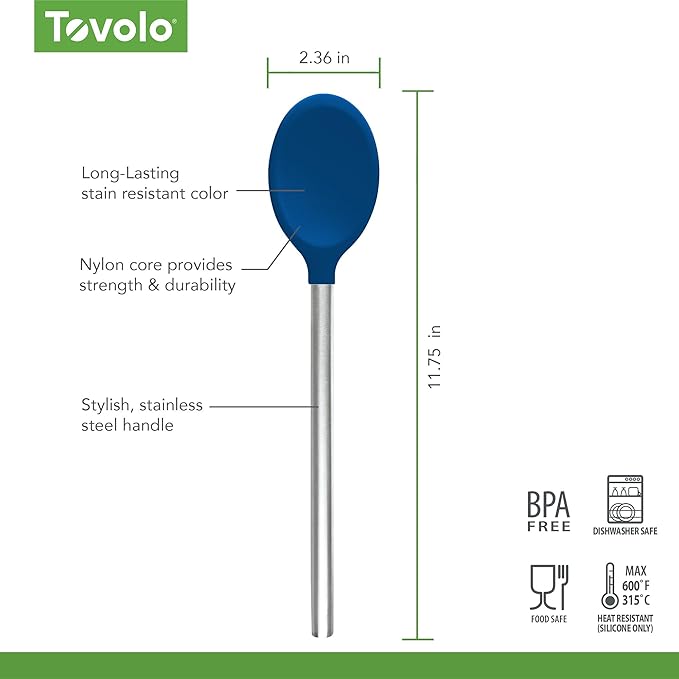 Tovolo Mixing Spoon Stainless Steel Handle Scratch Resistant Non Stick Safe Kitchen Utensil for Cooking Baking Serving Stirring, Heat Resistant Silicone Stirring Spoon with Metal Handle Deep Indigo