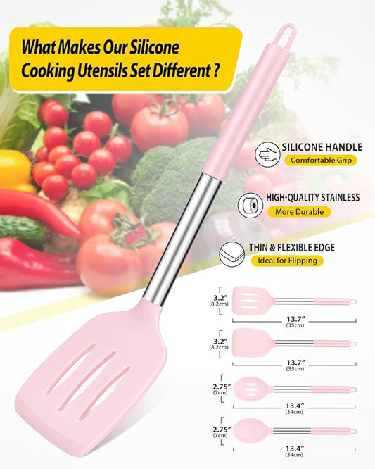 Pack of 4 Silicone Cooking Utensils Set, Non Stick Large Solid Spatulas, Heat Resistant Pink Slotted Spoons, Ideal BPA Free Kitchen Turners for Frying, Mixing,Serving,Draining,Turning,Stirring