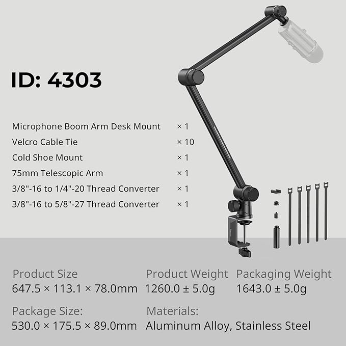 SmallRig Mic Boom Arm, Innovative Hydraulic Damping Microphone Stand with Desk Mount Clamp, Screw Adapter, Cable Management for Podcasting, Streaming, Gaming, Home Office - 4303