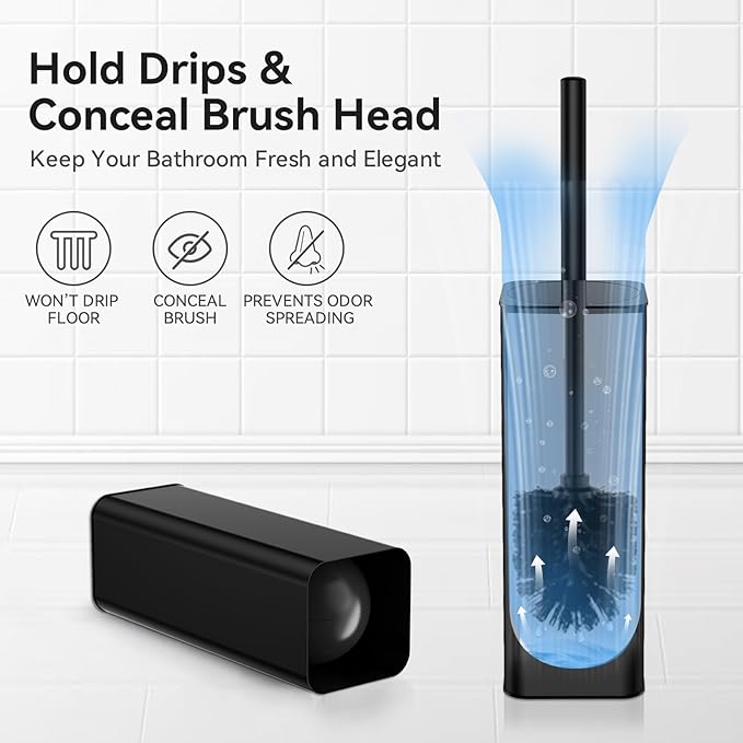 DOWRY Toilet Bowl Brush and Holder for Bathroom Storage Organization Deep Cleaning Covered Brush Cleaner Black Toilet Brush with 2 Brush Holders,Black Square