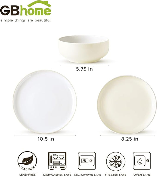 GBHOME 12 Pieces Ceramic Dinnerware Set, Modern White Dish Set for 4,Scratch Resistant Smooth Plates and Bowls Sets,Oven Safe,Microwave & Dishwasher