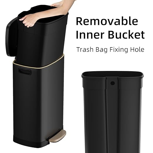 KUK 13 Gallon Kitchen Trash Can with Lid, 50L/13Gal Office Step Garbage Can for Home, Kitchen, Laundry Room, Office, Brushed Stainless Steel, Black