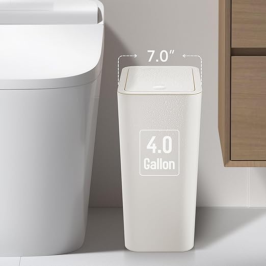 TIPGO Bathroom Trash Can with Lid, 4 Gallon / 15 Liter Small Garbage Can, Press Top Bin, Plastic Wastebasket with Pop-Up Lid for Bedroom, Living Room, Office (White, 2 Pack)