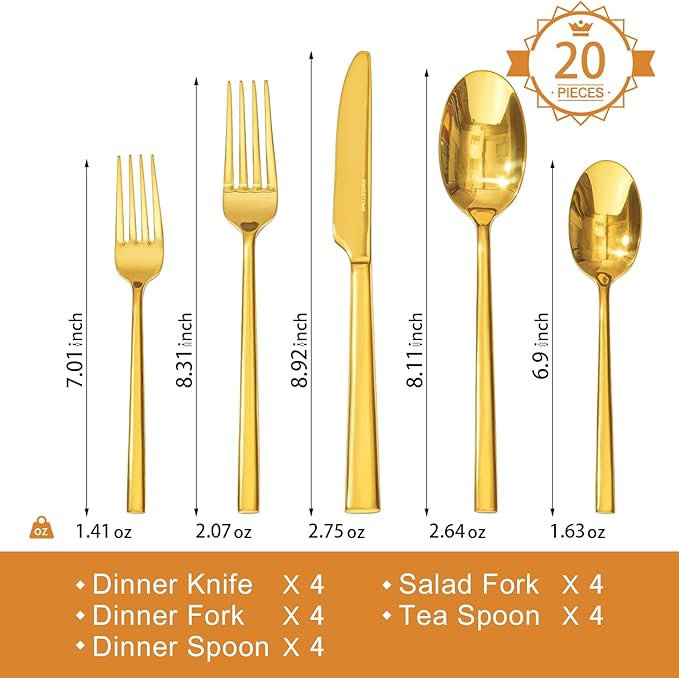 KINGSTONE Gold Silverware Set, 20-Piece Forged Flatware Set Cutlery Set Premium Stainless Steel, Service for 4, for Kitchen, Home, Wedding, Party, Mirror Polished and Dishwasher Safe