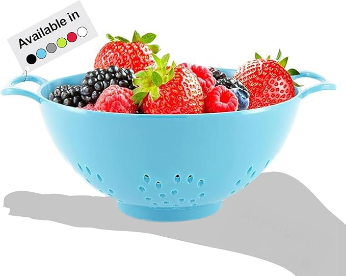 Meadow Lane 6-inch Small Colander, BPA-Free, Dishwasher Safe, Double Handles, Compact Food Strainer for Berries, Veggies and Pasta, 3-Cup Capacity, Light Blue