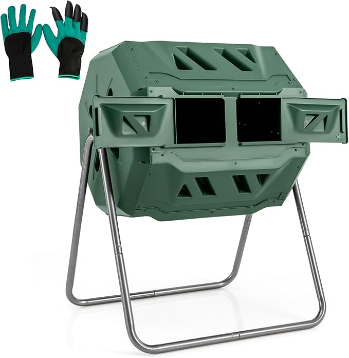 Goplus Compost Bin, Outdoor 42-Gal Dual Chamber Composting Tumbler w/2 Sliding Doors, Heavy-Duty Metal Frame, 360° Rotatable Tumbling Composter, BPA-Free Compost Tumbler for Kitchen Garden Yard Waste
