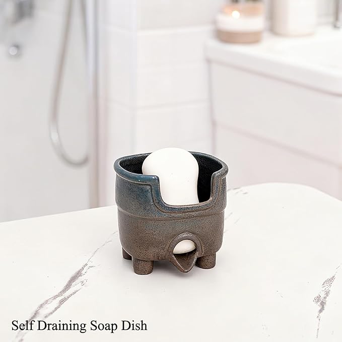Ceramic Sponge Holder with Drainage, Farmhouse Sink Caddy Organizer, Self Draining Design for Sponges,Soap,Brushes, Compact Rustic Kitchen Accessory, Keeps Counter Dry(Country Blue)