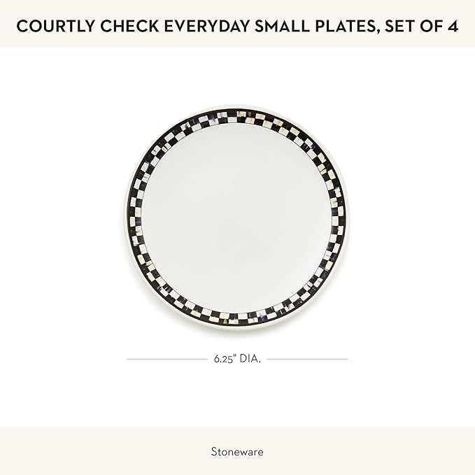 MACKENZIE-CHILDS Set of 4 Everyday Small Plates, Microwave-Safe and Dishwasher-Safe Stoneware Salad Plates, Black-and-White Courtly Check