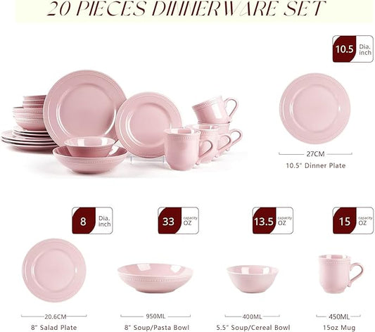 Pearl Dots Stoneware Dinnerware Set (20pc Set, Pink)