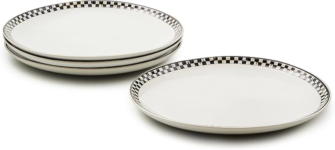 MACKENZIE-CHILDS Set of 4 Everyday Dinner Plates, Dishwasher- and Microwave-Safe, 10 Inches, Black-and-White Courtly Check