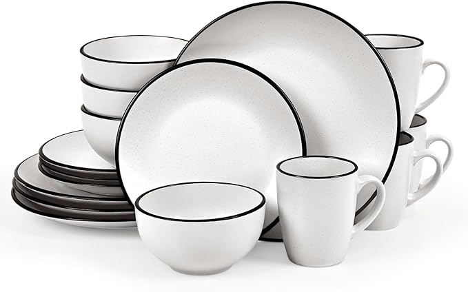 Homlouue 16 Pieces Stoneware Dinnerware Set, Speckled Ceramic Plates and Bowls Mugs Sets Service for 4, Ceramic Dishes Set, Microwave and Dishwasher Safe(White with Black Rim)