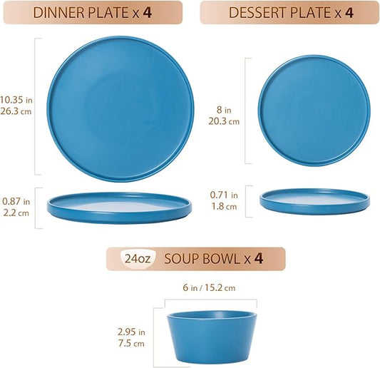 Dinnerware Sets for 4 - CJDC-QUELO 12-Piece Stoneware Plates and Bowls Sets, Ceramic Dishware Sets for Kitchen Use and Formal Dining, Chip and Scratch Resistant Microwave Dishwasher Safe, Blue