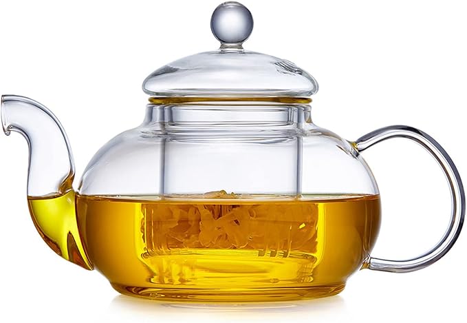 Glass Teapot with Removable Clear Infuser, 27 oz/ 800 ml Stove Top & Microwave Safe Borosilicate Glass Kettle with Loose Leaf Tea Strainer For Flower Blooming Tea