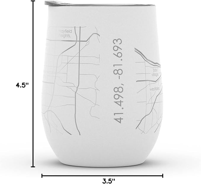 Well Told Engraved Cleveland Ohio Map Insulated Wine Tumbler, Etched Stainless Steel Wine Tumbler (12 oz, White) City Map Insulated Tumbler, Custom Insulated Tumbler, Outdoor Drinkware