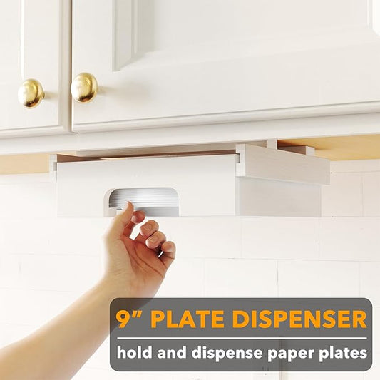 SpaceAid 9-inch Paper Plate Dispenser, Under Cabinet Bamboo Plates Holder, Kitchen Counter Vertical Dipensers Holders Countertop Caddy, White