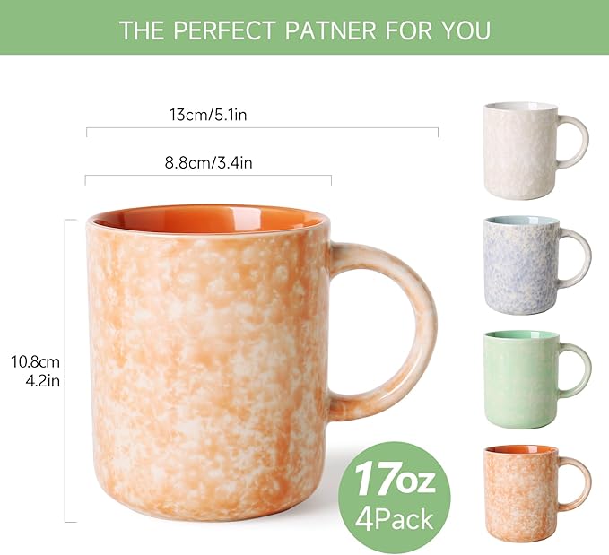 17 OZ Coffee Mugs Set of 4, Ceramic Modern Coffee Mugs Set with handle for Tea/Latte/Milk/Cocoa.