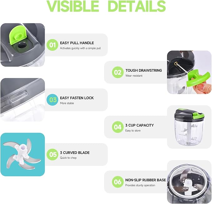 Manual Food Processor Vegetable Chopper, Portable Hand Pull String Garlic Mincer Onion Cutter for Veggies, Ginger, Fruits, Nuts, Herbs, etc., (900ml,Gray-green)