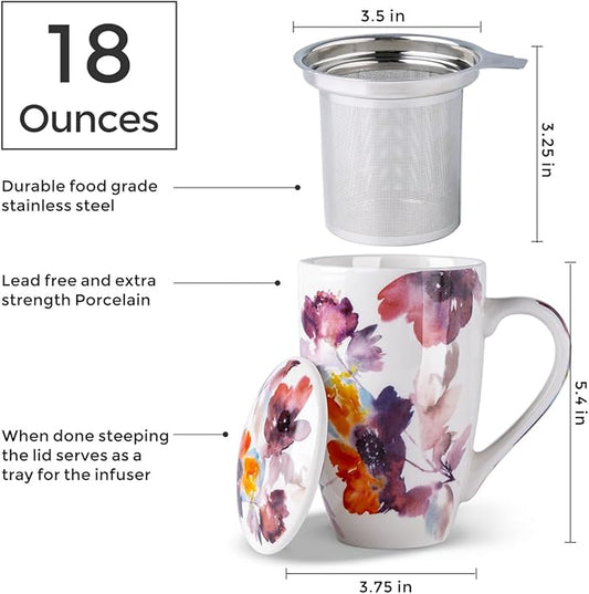 AmorArc Porcelain Tea Mug with Infuser and Lid, 18 Oz Tea Cup with Handle for Loose Leaf Tea, Gift for Tea Lovers of Men and Women